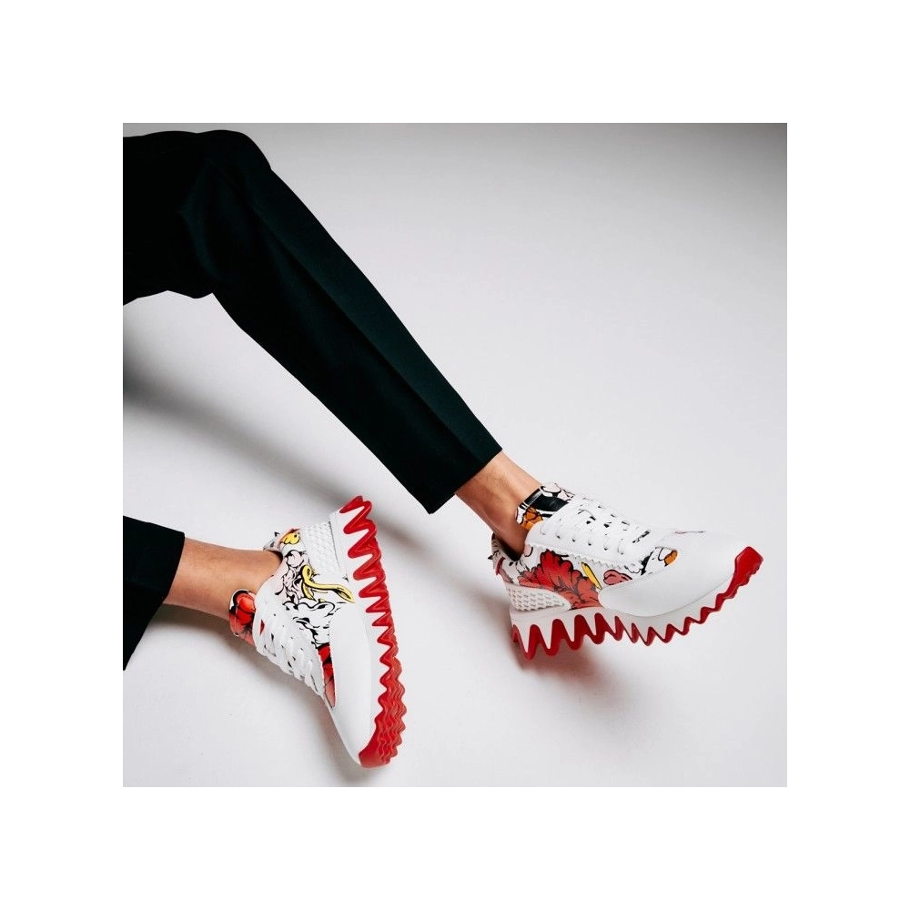 Cheap Christian Louboutin Loubishark Men Sneakers Calf Leather Shun Sudo Flower Print White on Sale