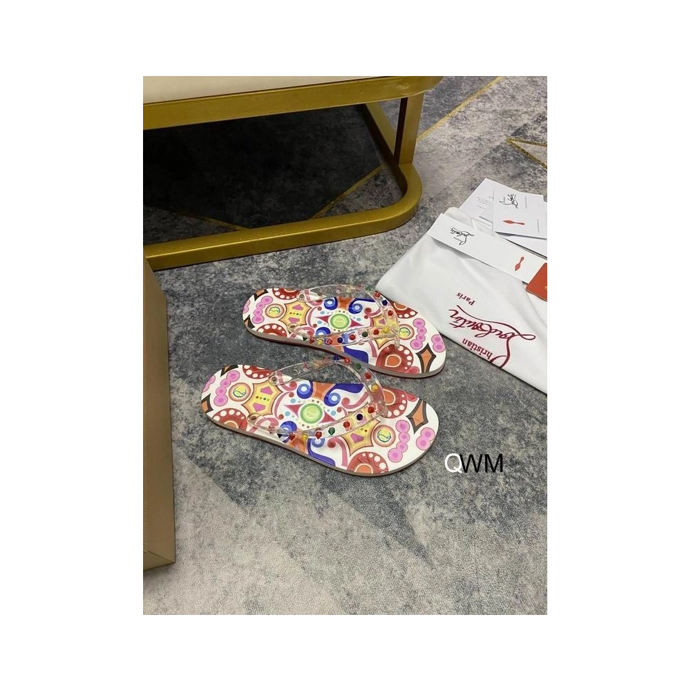 Replica Christian Louboutin Loubi Spikes Donna Flat Flip Flops Multicolor, Knockoff CL Shoes