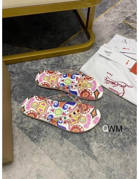 Replica Christian Louboutin Loubi Spikes Donna Flat Flip Flops Multicolor, Knockoff CL Shoes