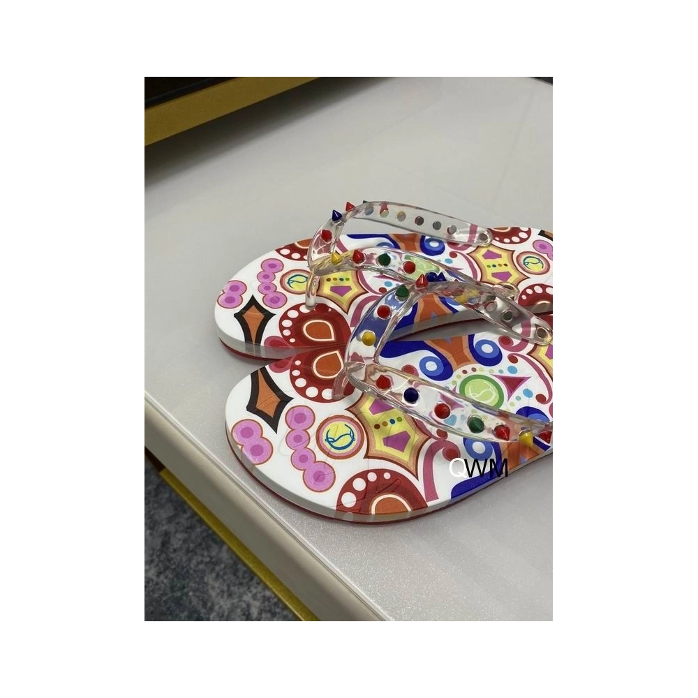 Replica Christian Louboutin Loubi Spikes Donna Flat Flip Flops Multicolor, Knockoff CL Shoes