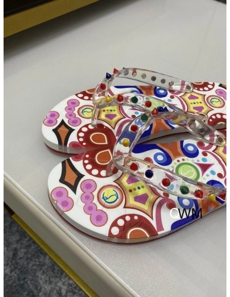 Replica Christian Louboutin Loubi Spikes Donna Flat Flip Flops Multicolor, Knockoff CL Shoes