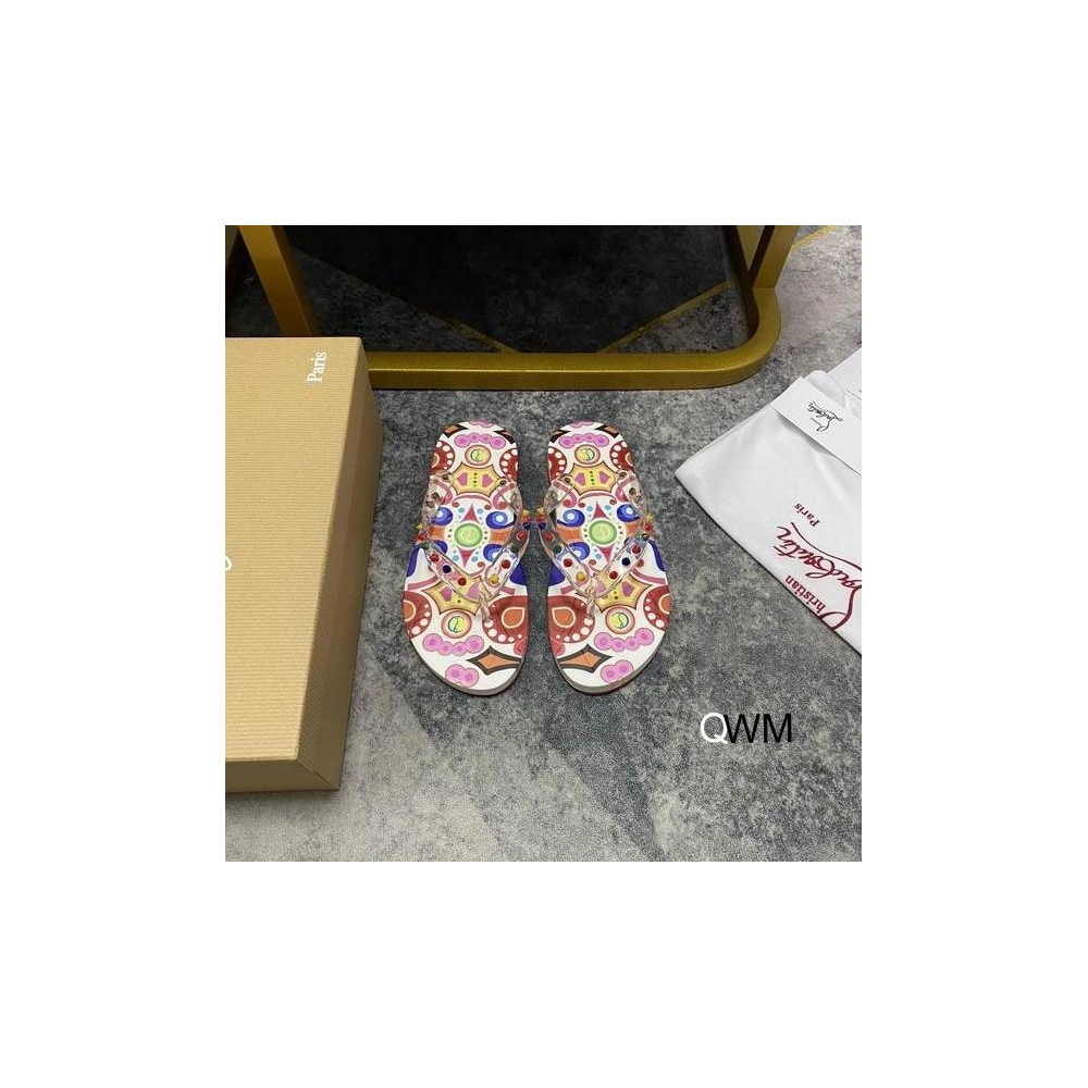 Replica Christian Louboutin Loubi Spikes Donna Flat Flip Flops Multicolor, Knockoff CL Shoes