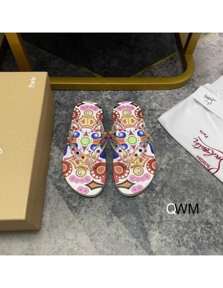 Replica Christian Louboutin Loubi Spikes Donna Flat Flip Flops Multicolor, Knockoff CL Shoes