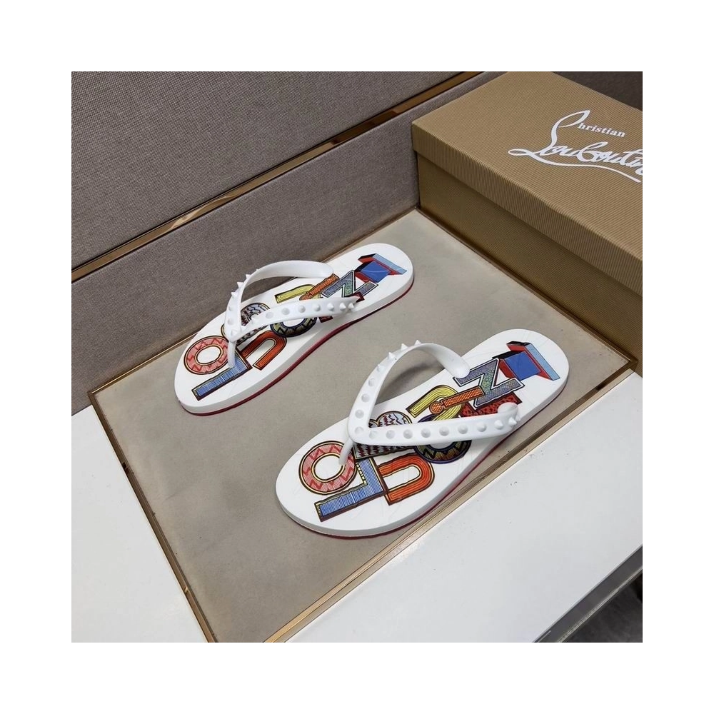 Cheap Christian Louboutin Men Spike Flip Flop Pattern White on Sale, Discount CL Shoes Outlet Store