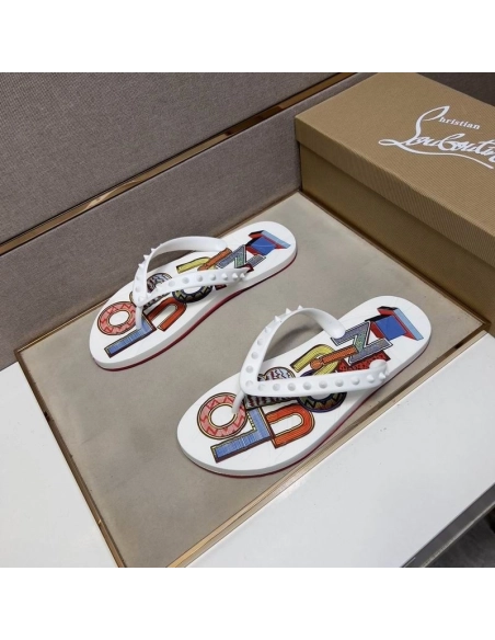 Cheap Christian Louboutin Men Spike Flip Flop Pattern White on Sale, Discount CL Shoes Outlet Store