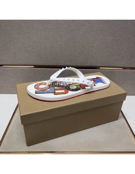 Cheap Christian Louboutin Men Spike Flip Flop Pattern White on Sale, Discount CL Shoes Outlet Store