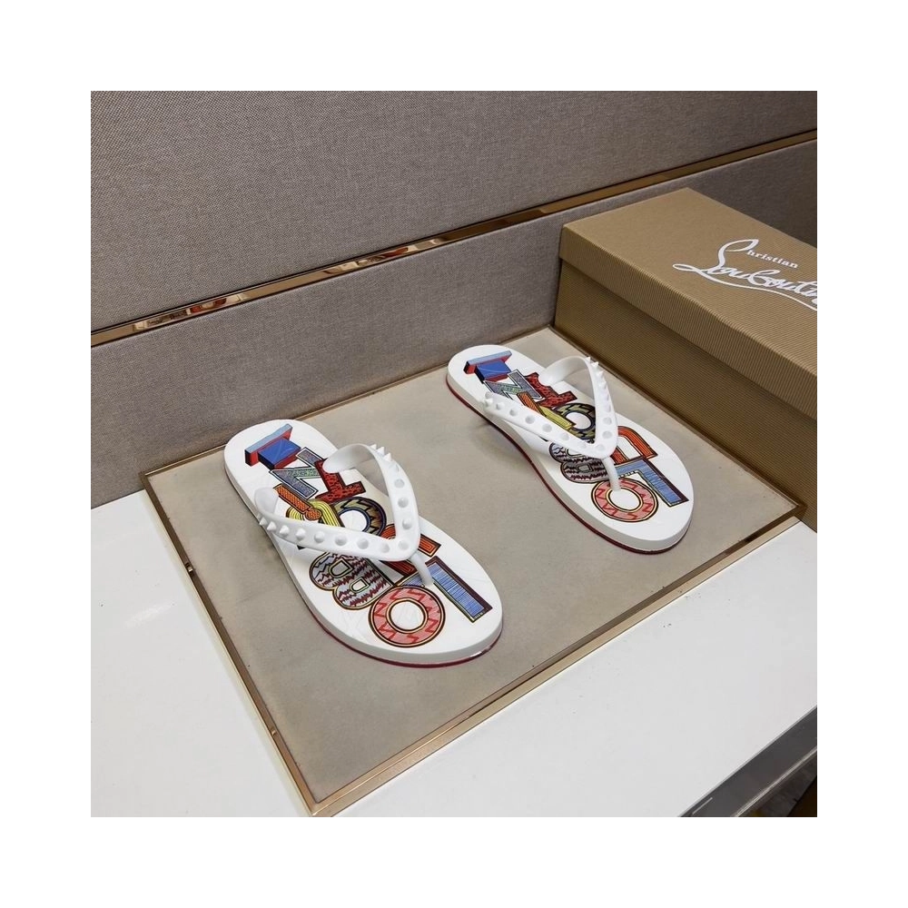 Cheap Christian Louboutin Men Spike Flip Flop Pattern White on Sale, Discount CL Shoes Outlet Store