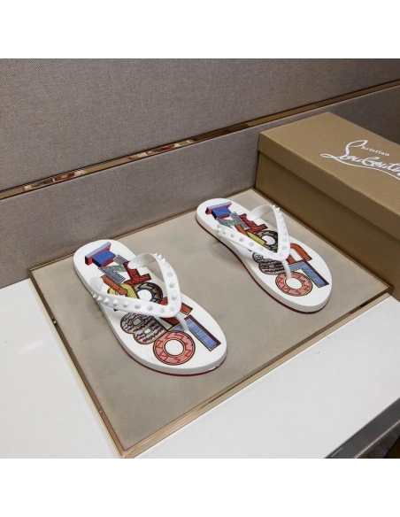 Cheap Christian Louboutin Men Spike Flip Flop Pattern White on Sale, Discount CL Shoes Outlet Store