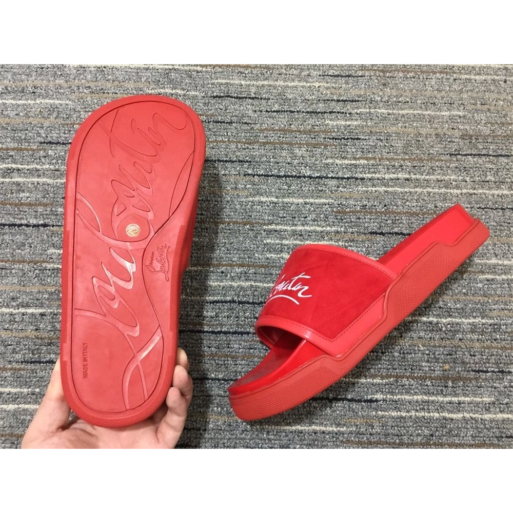 Fake Christian Louboutin Navy Pool Flat Sandals Suede and Rubber Red