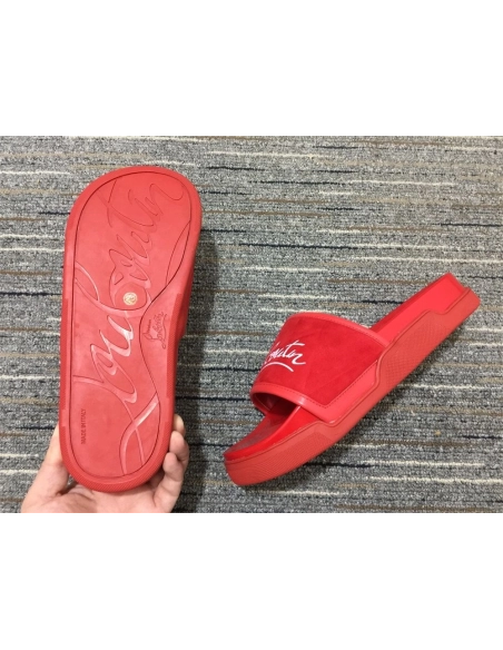 Fake Christian Louboutin Navy Pool Flat Sandals Suede and Rubber Red