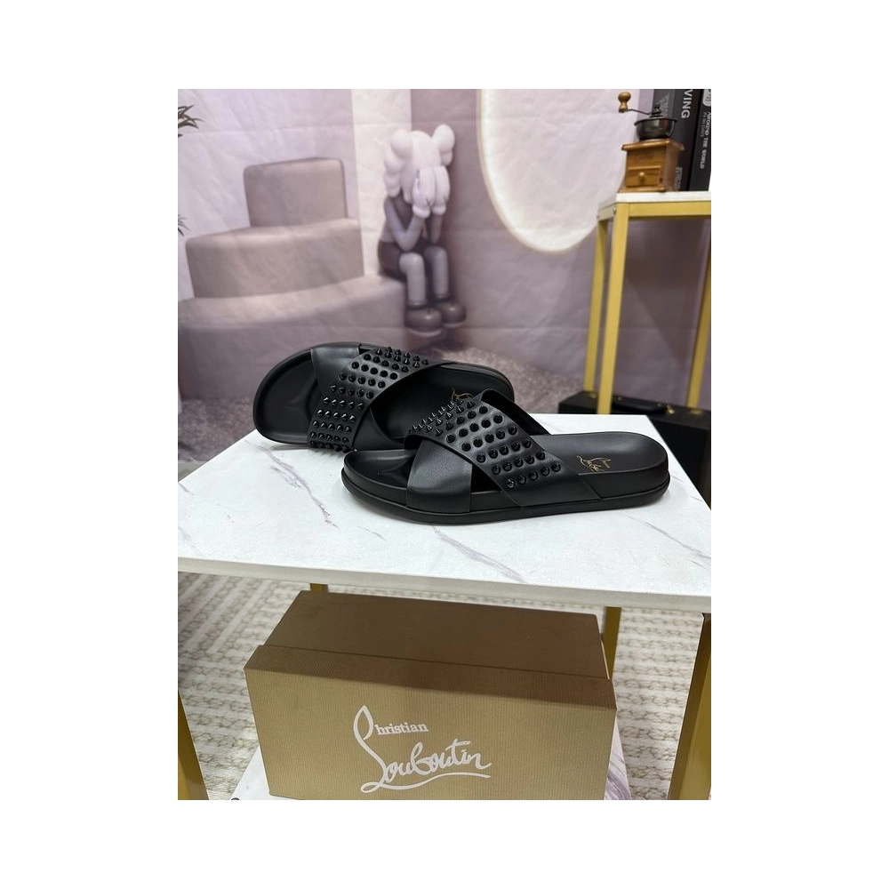 Knockoff Christian Louboutin Men Studded Slide Sandals Black, Fake CL Shoes