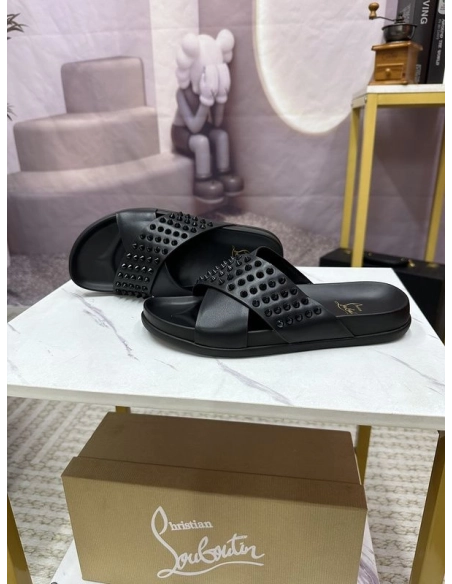 Knockoff Christian Louboutin Men Studded Slide Sandals Black, Fake CL Shoes