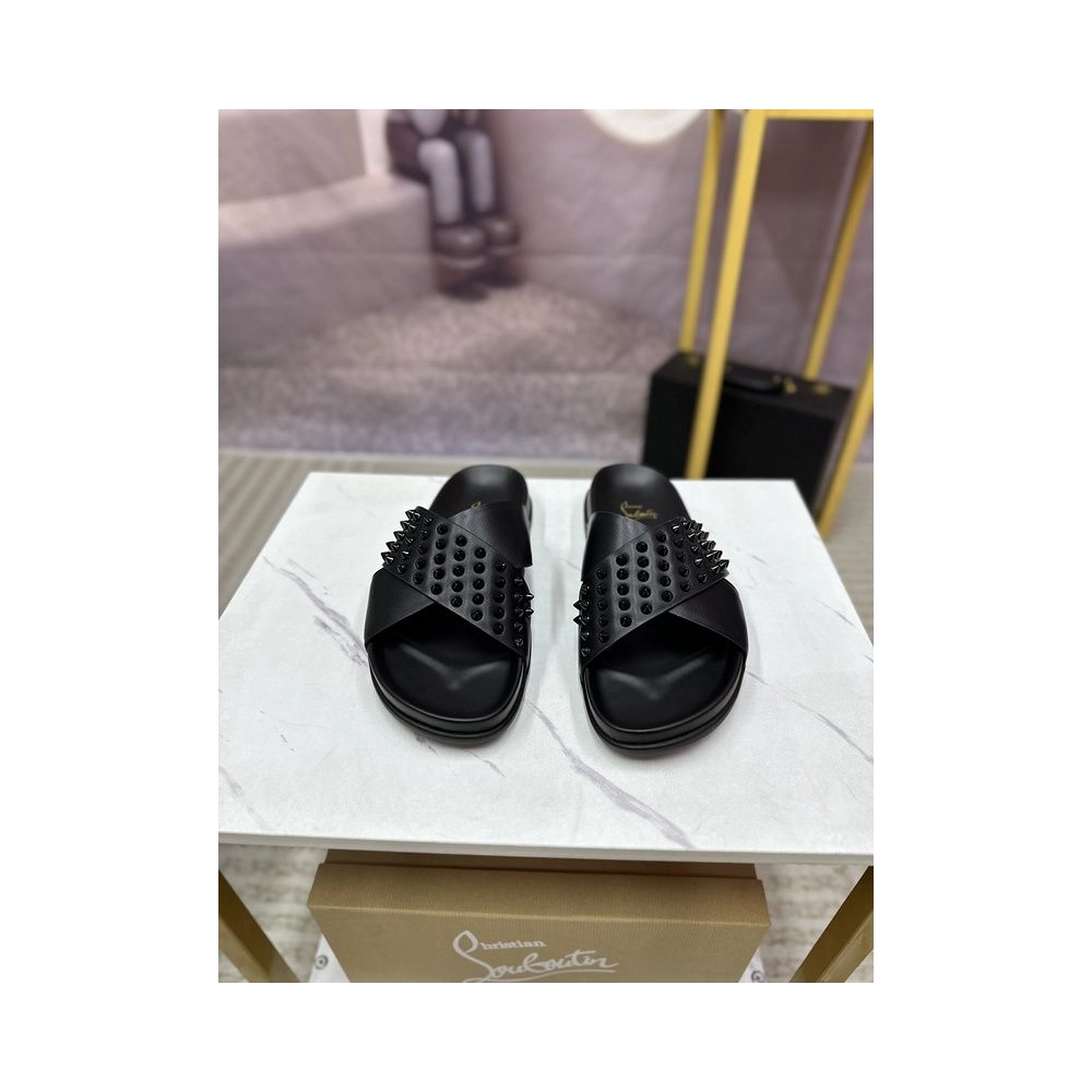 Knockoff Christian Louboutin Men Studded Slide Sandals Black, Fake CL Shoes
