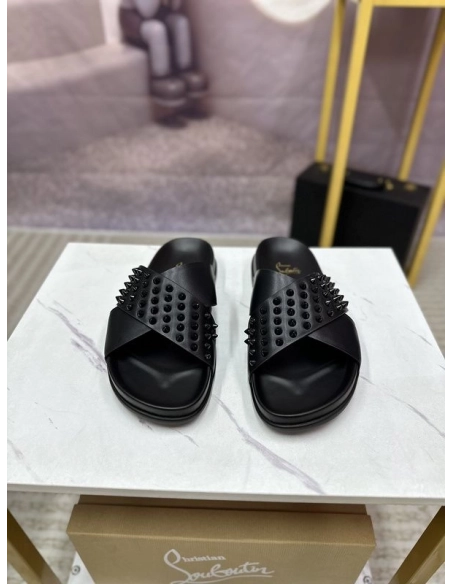 Knockoff Christian Louboutin Men Studded Slide Sandals Black, Fake CL Shoes