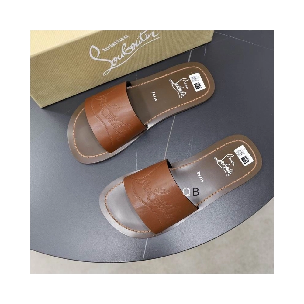 Cheap Christian Louboutin Coolraoul Slide Sandals Leather Brown Online Sale