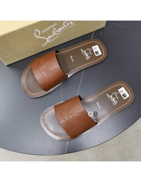 Cheap Christian Louboutin Coolraoul Slide Sandals Leather Brown Online Sale