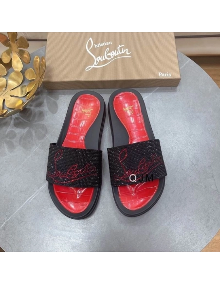 Discount Christian Louboutin Men Slide Sandals Strass Embellishment Rubber Black Red Outlet