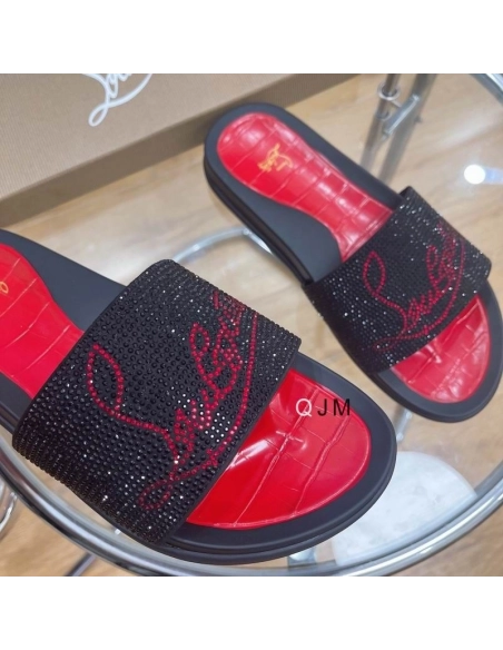 Discount Christian Louboutin Men Slide Sandals Strass Embellishment Rubber Black Red Outlet