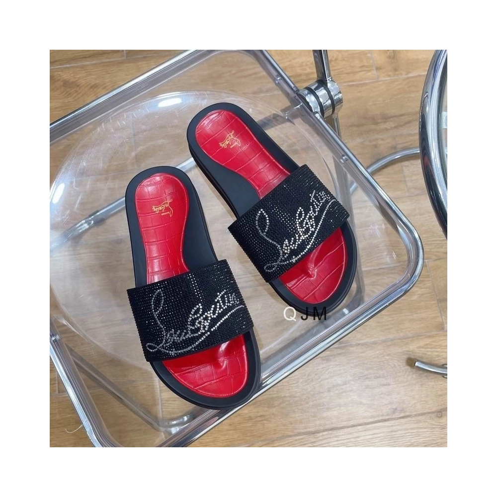 Replica Christian Louboutin Men Slide Sandals Strass Embellishment Rubber Black