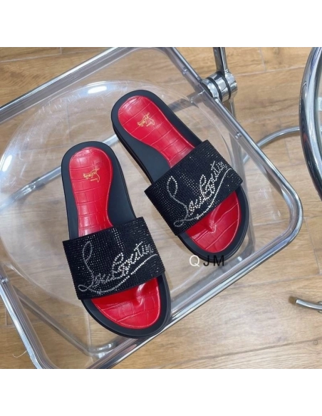 Replica Christian Louboutin Men Slide Sandals Strass Embellishment Rubber Black