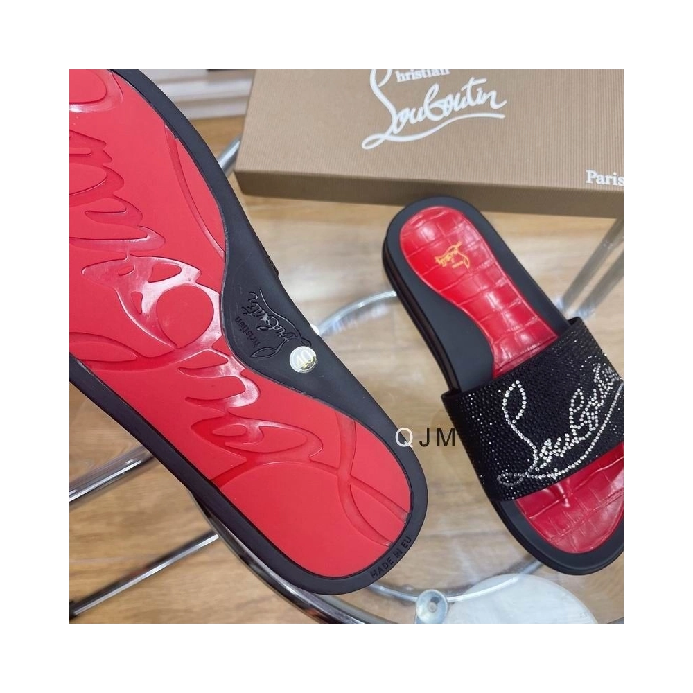 Replica Christian Louboutin Men Slide Sandals Strass Embellishment Rubber Black