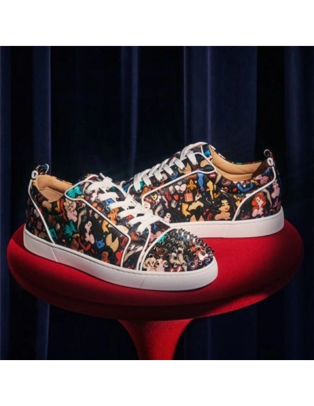 cheap Christian Louboutin Louis Junior Spikes Orlato Black Multi Crepe Satin sale