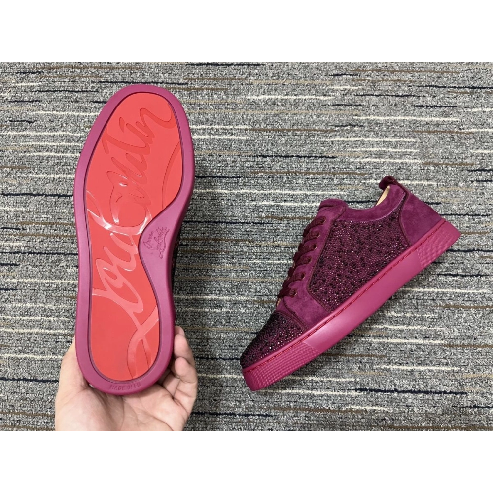 Christian Louboutin Louis Junior Strass Sneakers Suede Leather Burgundy