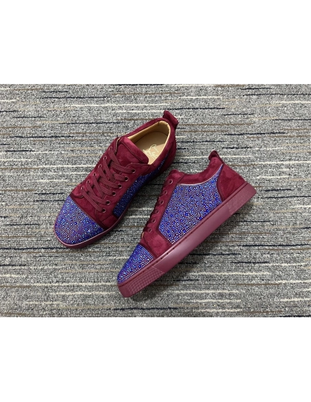 Knockoff Christian Louboutin Louis Junior Strass Sneakers Suede Leather Burgundy Blue