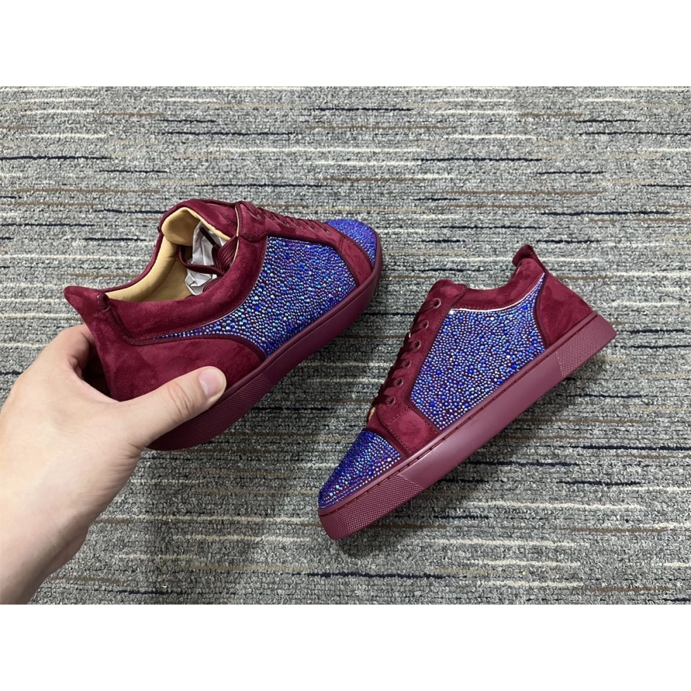 Knockoff Christian Louboutin Louis Junior Strass Sneakers Suede Leather Burgundy Blue
