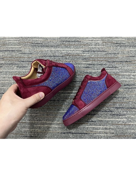 Knockoff Christian Louboutin Louis Junior Strass Sneakers Suede Leather Burgundy Blue