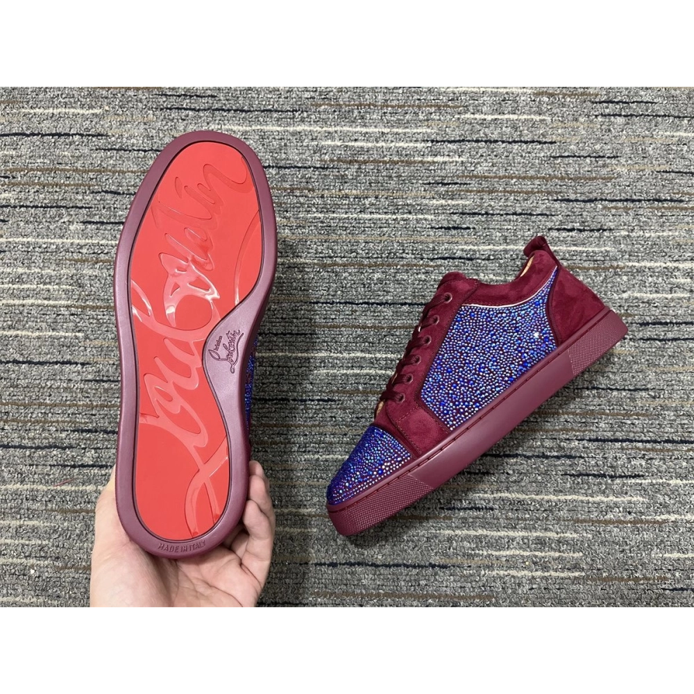 Knockoff Christian Louboutin Louis Junior Strass Sneakers Suede Leather Burgundy Blue