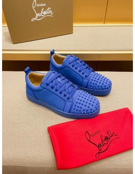 Fake Christian Louboutin Louis Junior Spikes Low-top Sneakers Leather Blue