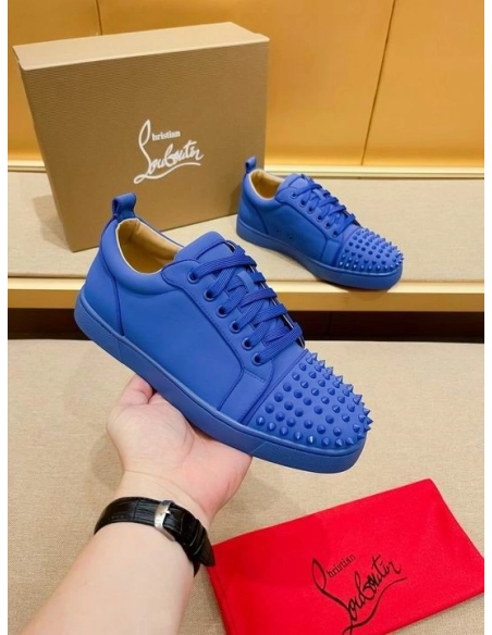 Fake Christian Louboutin Louis Junior Spikes Low-top Sneakers Leather Blue