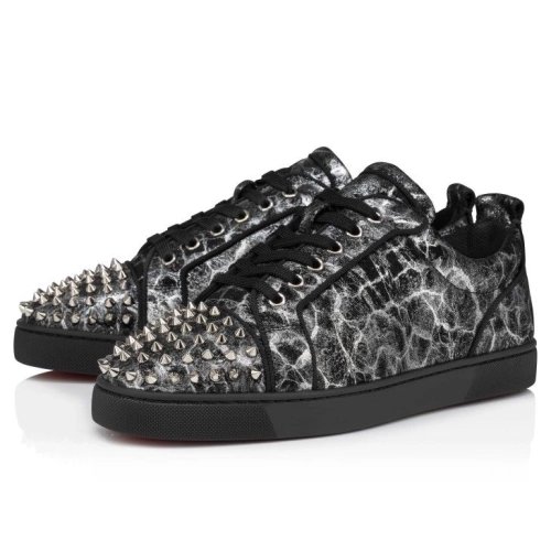 Fake  Christian Louboutin Louis Junior Spikes Sneakers Storm Printed Calf Leather And Spikes Black