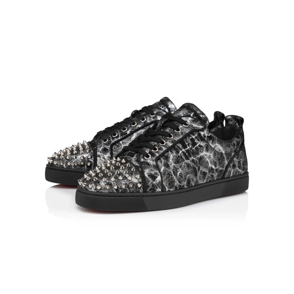Fake  Christian Louboutin Louis Junior Spikes Sneakers Storm Printed Calf Leather And Spikes Black