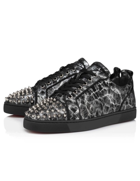 Fake  Christian Louboutin Louis Junior Spikes Sneakers Storm Printed Calf Leather And Spikes Black