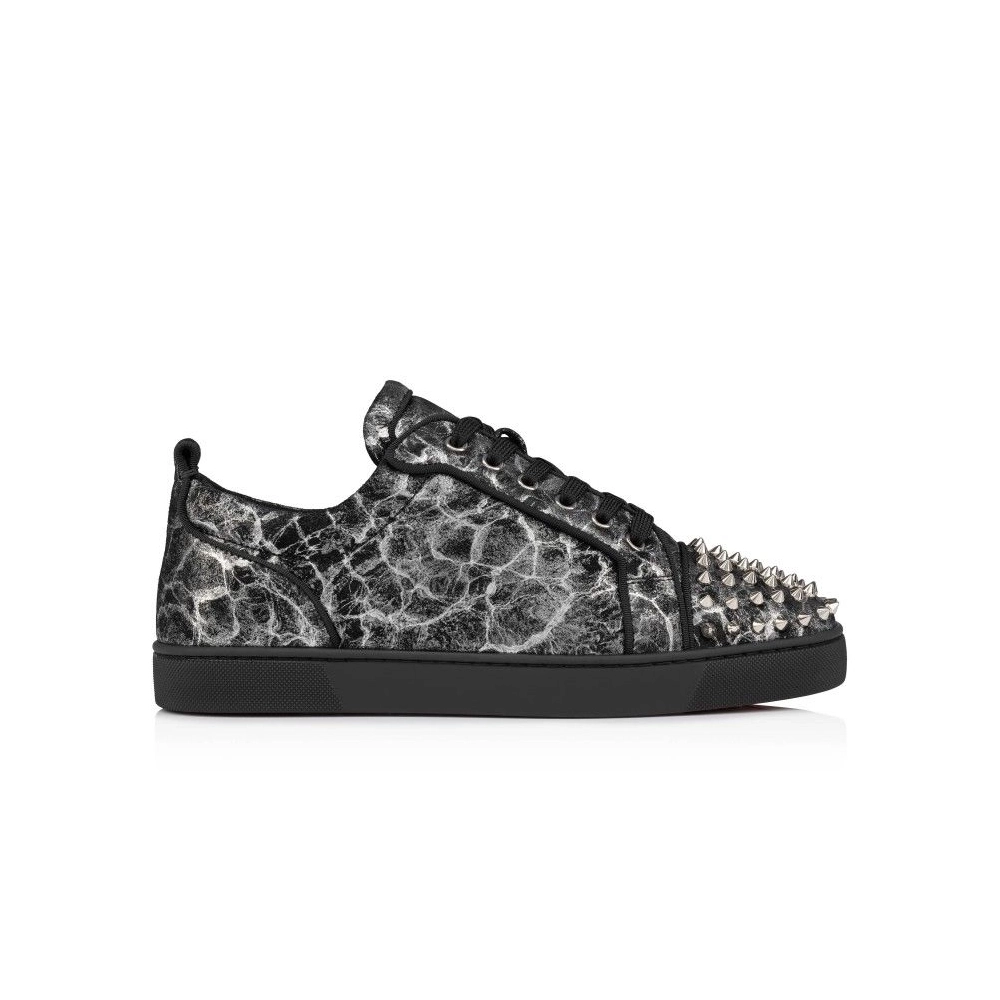 Fake  Christian Louboutin Louis Junior Spikes Sneakers Storm Printed Calf Leather And Spikes Black