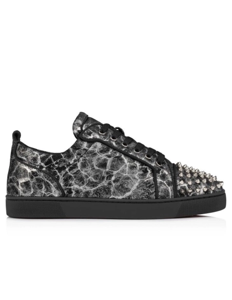 Fake  Christian Louboutin Louis Junior Spikes Sneakers Storm Printed Calf Leather And Spikes Black