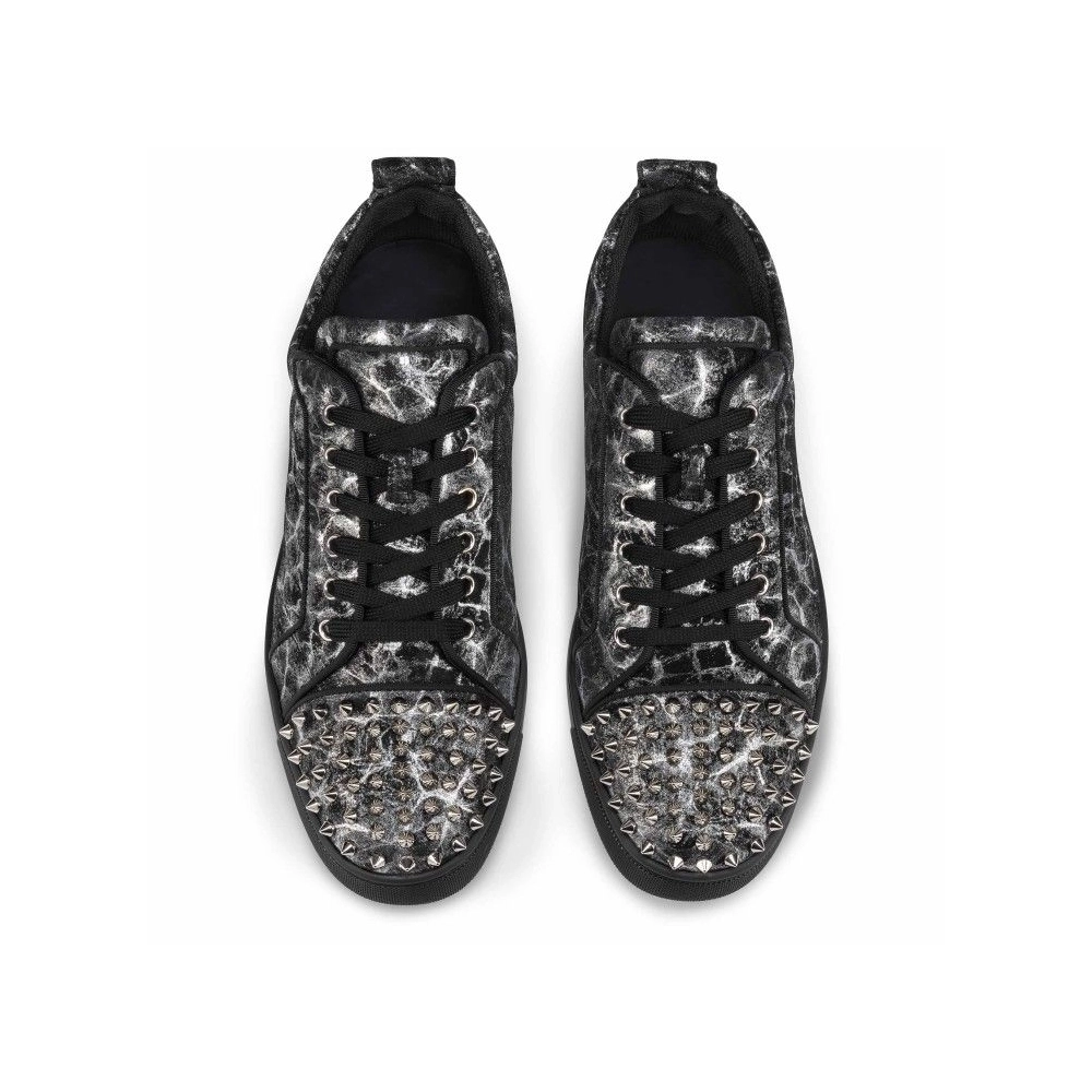 Fake  Christian Louboutin Louis Junior Spikes Sneakers Storm Printed Calf Leather And Spikes Black