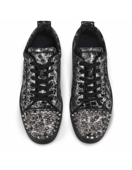 Fake  Christian Louboutin Louis Junior Spikes Sneakers Storm Printed Calf Leather And Spikes Black