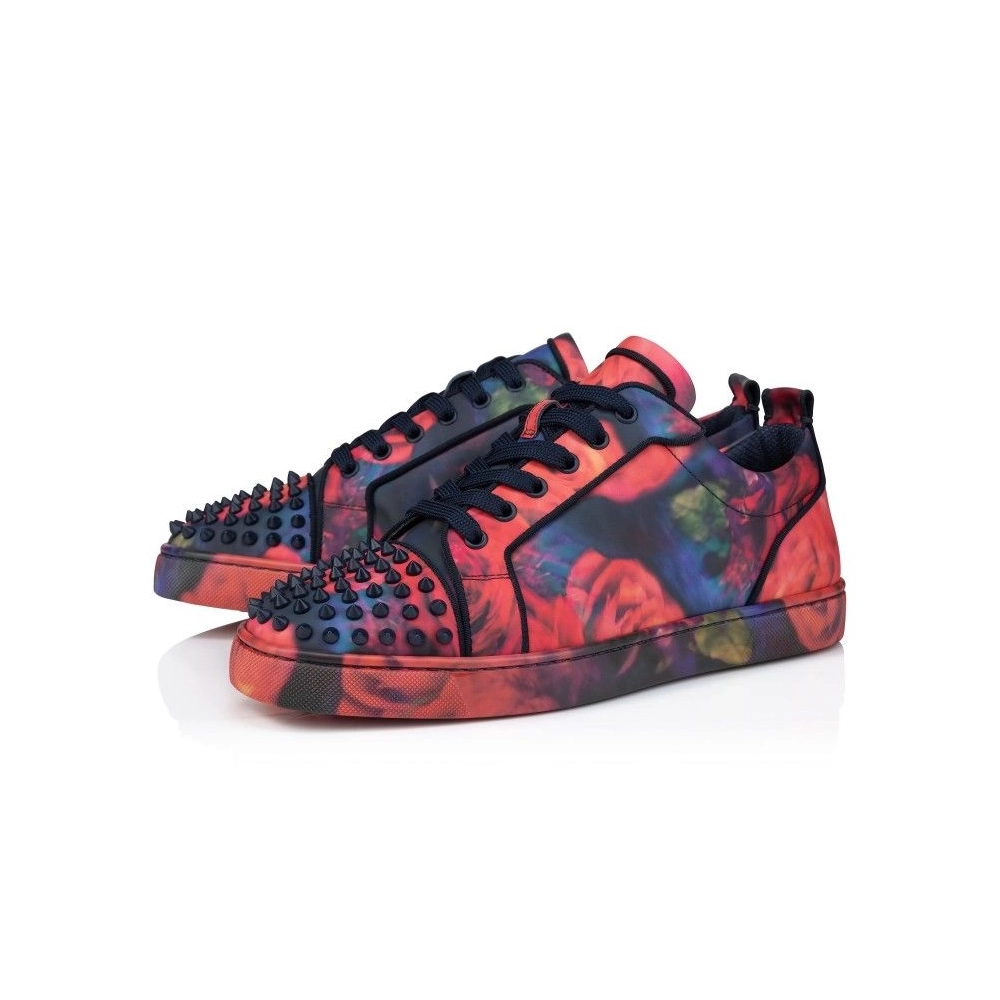 Cheap Christian Louboutin Louis Junior Spikes Sneakers Roses Printed Calf Leather And Spikes Multicolor