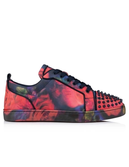 Cheap Christian Louboutin Louis Junior Spikes Sneakers Roses Printed Calf Leather And Spikes Multicolor