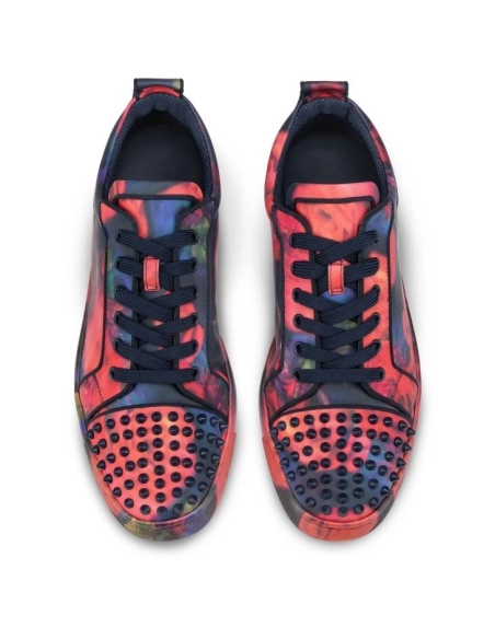 Cheap Christian Louboutin Louis Junior Spikes Sneakers Roses Printed Calf Leather And Spikes Multicolor