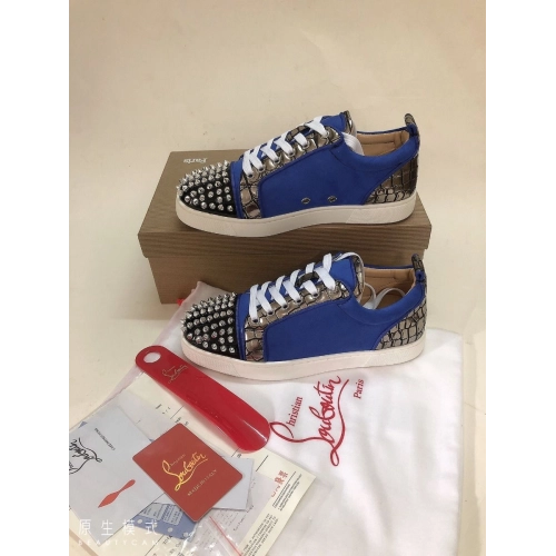Fake Christian Louboutin Louis Junior Spike Low Top Men Sneakers Leather and Veau Velours Blue