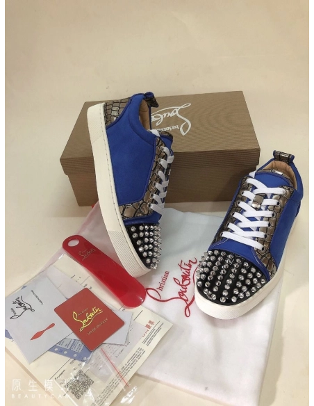 Fake Christian Louboutin Louis Junior Spike Low Top Men Sneakers Leather and Veau Velours Blue