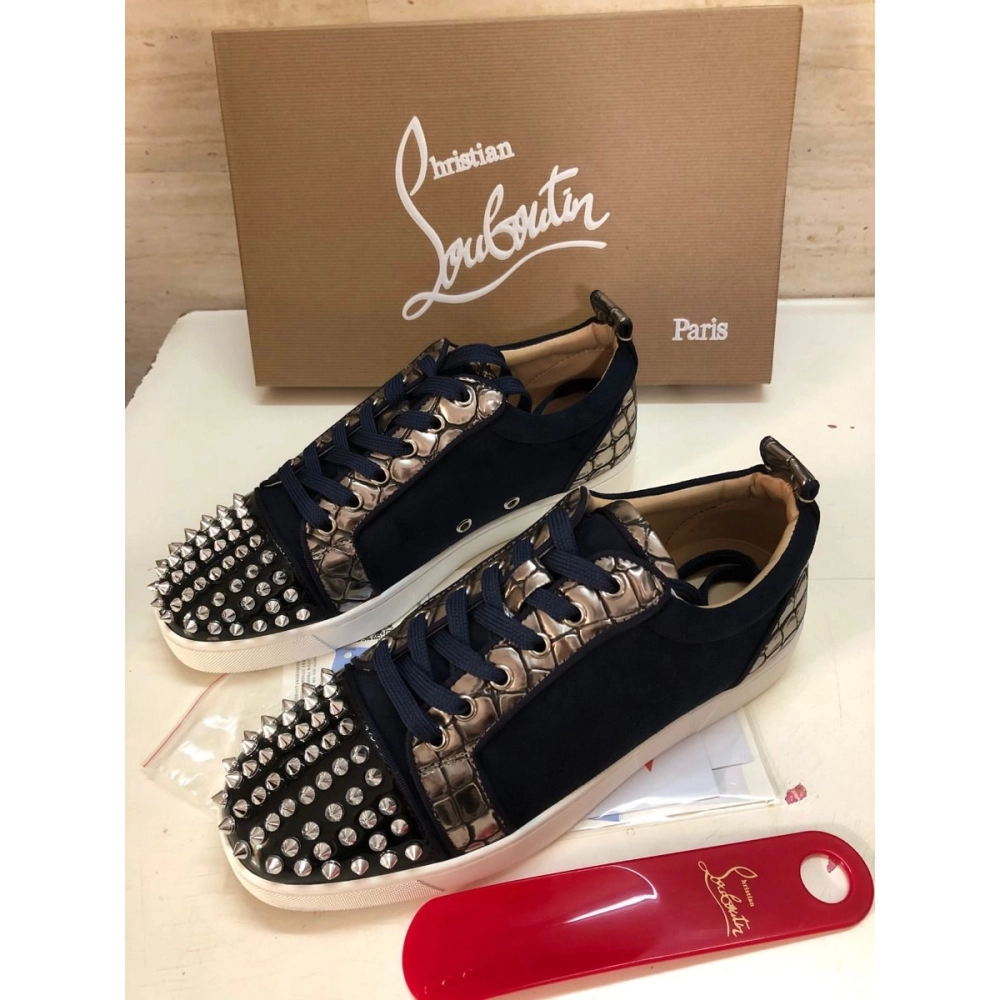 Cheap Christian Louboutin Louis Junior Spike Low Top Sneakers Leather and Veau Velours Black