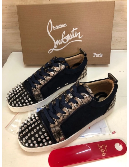 Cheap Christian Louboutin Louis Junior Spike Low Top Sneakers Leather and Veau Velours Black