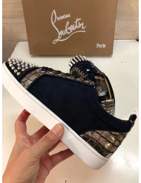 Cheap Christian Louboutin Louis Junior Spike Low Top Sneakers Leather and Veau Velours Black