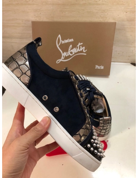 Cheap Christian Louboutin Louis Junior Spike Low Top Sneakers Leather and Veau Velours Black