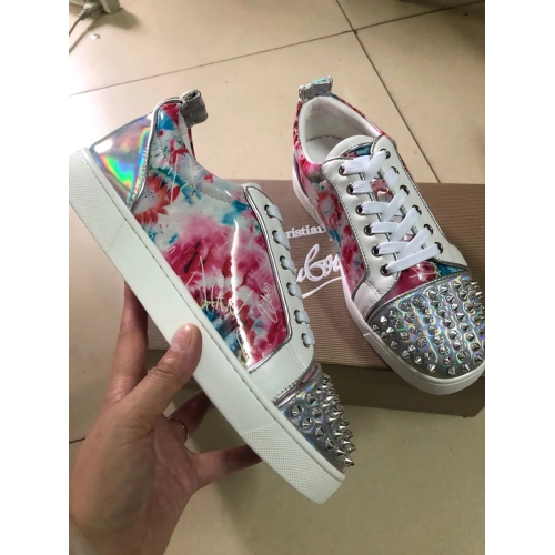 Knockoff Christian Louboutin Louis Junior Spike Low Top Men Sneakers Laminated Leather Floral Print